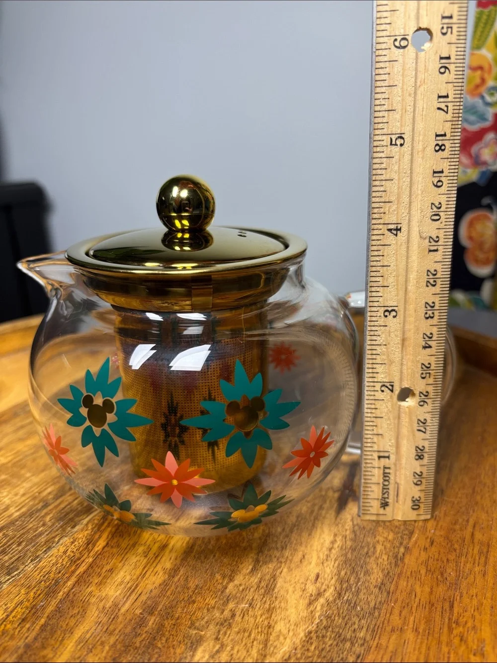 Disney Glass Teapot Infuser Loose Leaf Tea Gold Lid Floral Design Teal & Orange